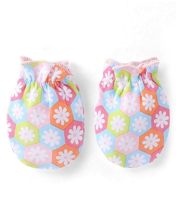 Babyhug 100% Cotton Knit Cap Mittens & Booties Set Floral Print - Pink