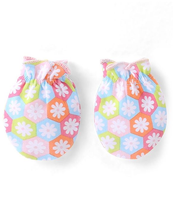 Babyhug 100% Cotton Knit Cap Mittens & Booties Set Floral Print - Pink