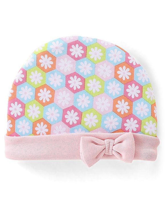 Babyhug 100% Cotton Knit Cap Mittens & Booties Set Floral Print - Pink