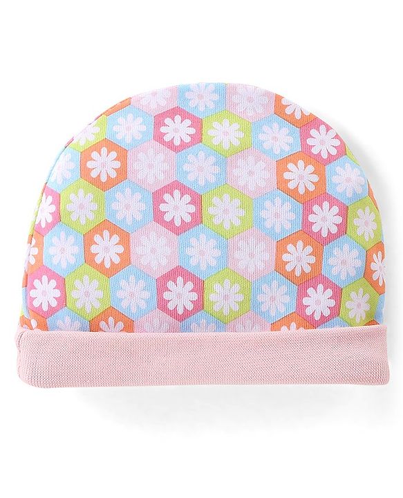 Babyhug 100% Cotton Knit Cap Mittens & Booties Set Floral Print - Pink