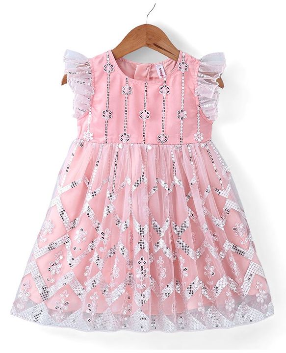 Babyhug Frilled Sleeve Net Sequenced Embroidered Ethnic Dress-Pink