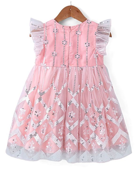 Babyhug Frilled Sleeve Net Sequenced Embroidered Ethnic Dress-Pink
