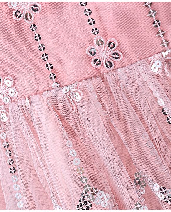Babyhug Frilled Sleeve Net Sequenced Embroidered Ethnic Dress-Pink