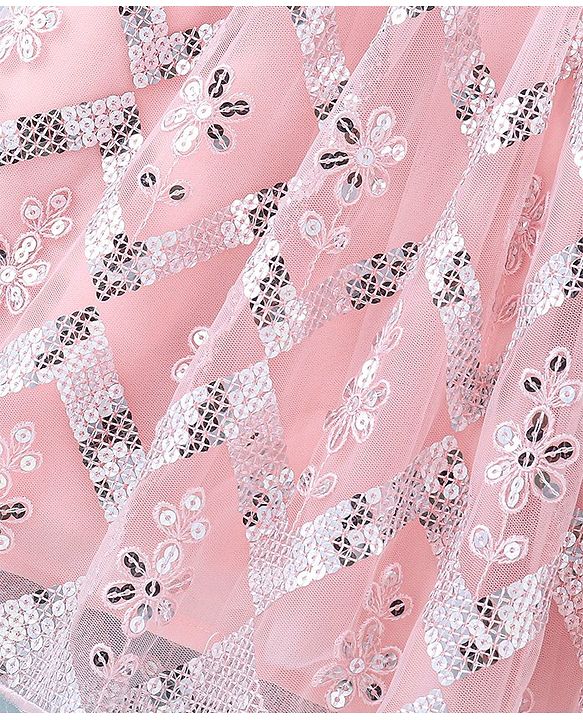 Babyhug Frilled Sleeve Net Sequenced Embroidered Ethnic Dress-Pink