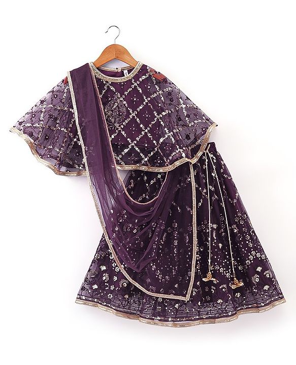 Babyhug Cape Sleeves Sequenced Embroidered Choli with Lehenga and Poncho Set - Purple