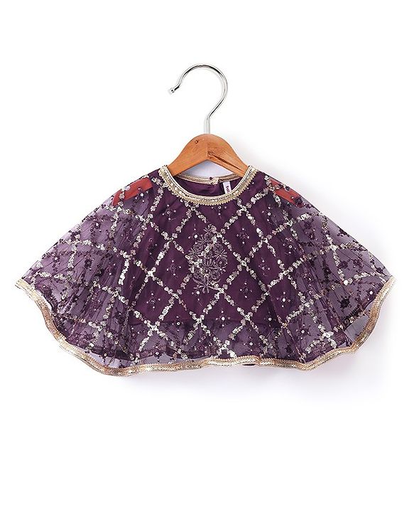 Babyhug Cape Sleeves Sequenced Embroidered Choli with Lehenga and Poncho Set - Purple