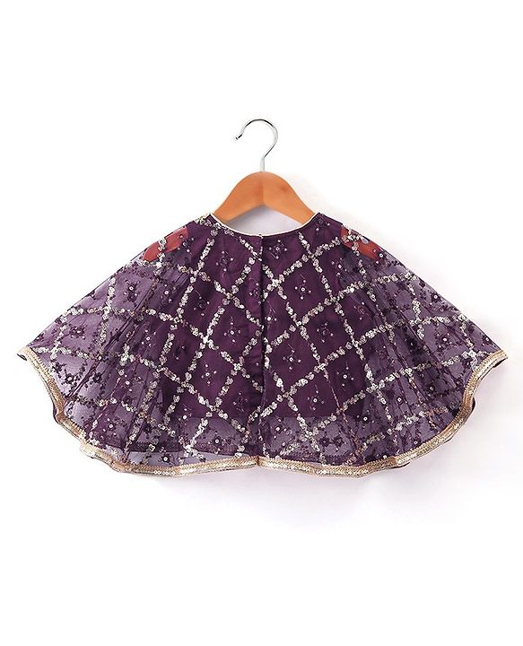 Babyhug Cape Sleeves Sequenced Embroidered Choli with Lehenga and Poncho Set - Purple