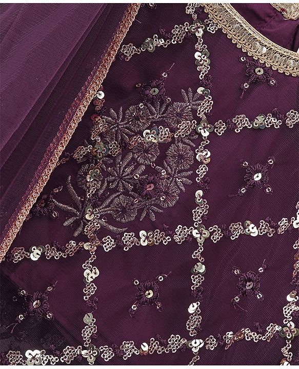 Babyhug Cape Sleeves Sequenced Embroidered Choli with Lehenga and Poncho Set - Purple