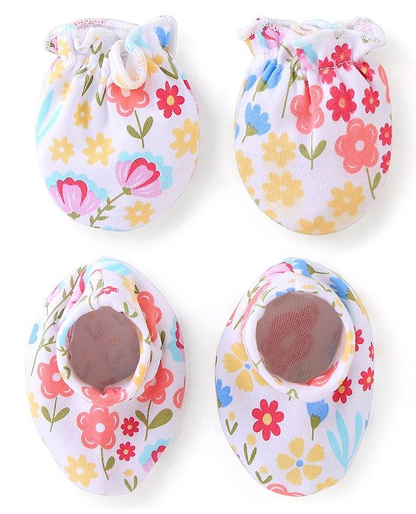 Babyhug 100% Cotton Mittens & Booties Set Floral Print - Pink
