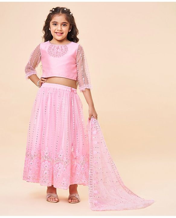 Babyhug Three Fourth Sleeves Sequenced Embroidered Choli with Lehenga and Dupatta Set - Pink