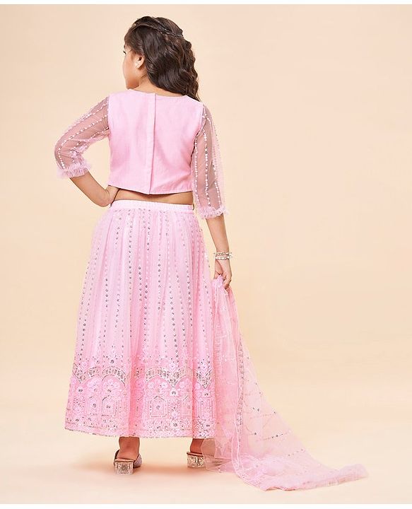 Babyhug Three Fourth Sleeves Sequenced Embroidered Choli with Lehenga and Dupatta Set - Pink