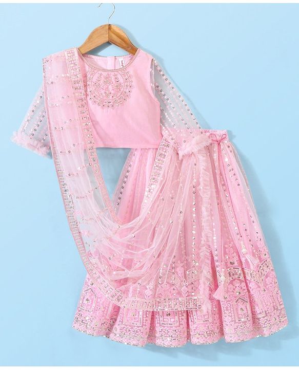 Babyhug Three Fourth Sleeves Sequenced Embroidered Choli with Lehenga and Dupatta Set - Pink