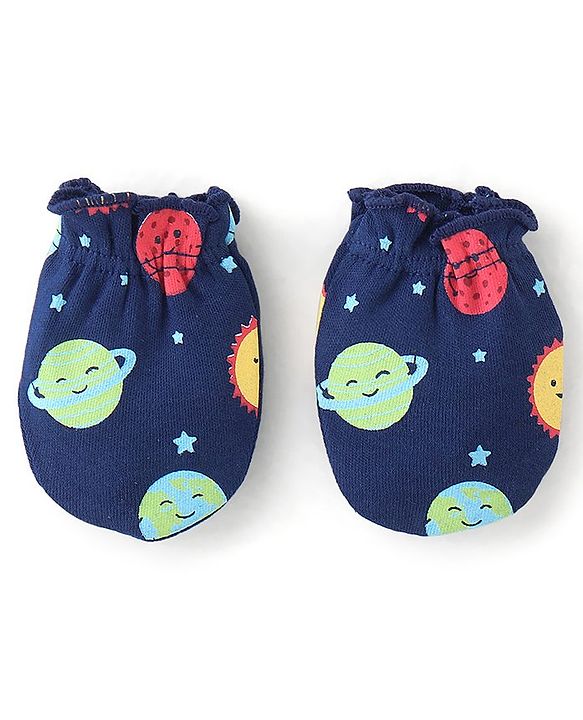 Babyhug 100% Cotton Knit Mitten & Booties Space Print - Navy Blue