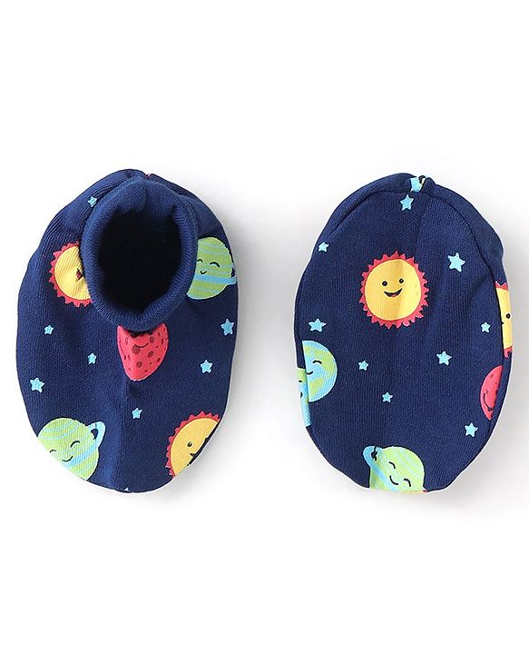 Babyhug 100% Cotton Knit Mitten & Booties Space Print - Navy Blue