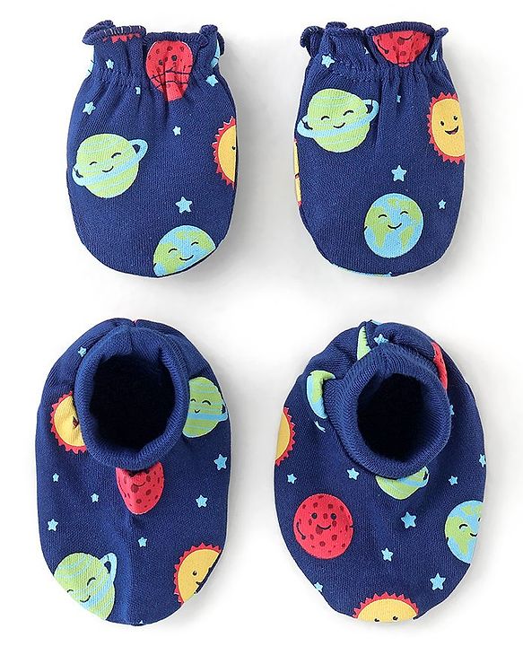 Babyhug 100% Cotton Knit Mitten & Booties Space Print - Navy Blue
