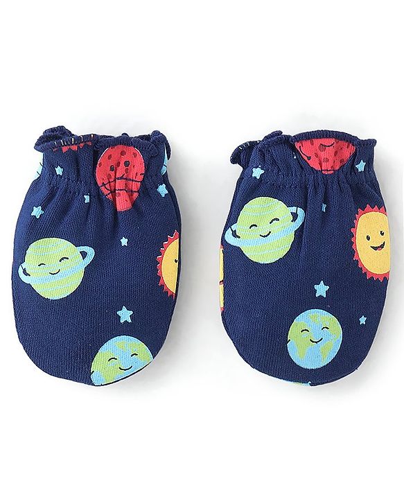 Babyhug 100% Cotton Knit Mitten & Booties Space Print - Navy Blue