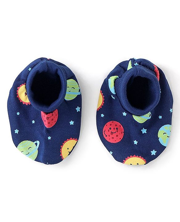Babyhug 100% Cotton Knit Mitten & Booties Space Print - Navy Blue