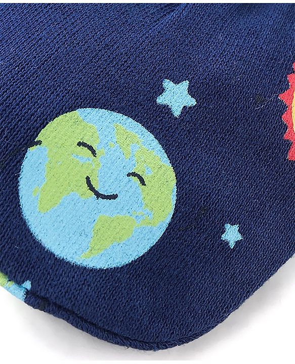 Babyhug 100% Cotton Knit Mitten & Booties Space Print - Navy Blue
