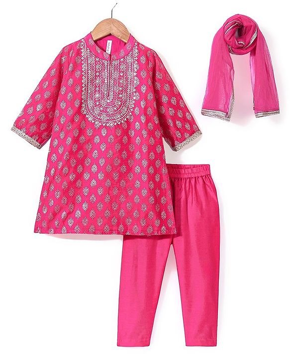 Babyhug Three Fourth Sleeves Foil Printed Kurti Pant and Dupatta Set - Fuchsia