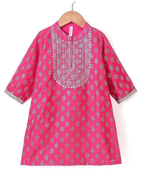 Babyhug Three Fourth Sleeves Foil Printed Kurti Pant and Dupatta Set - Fuchsia