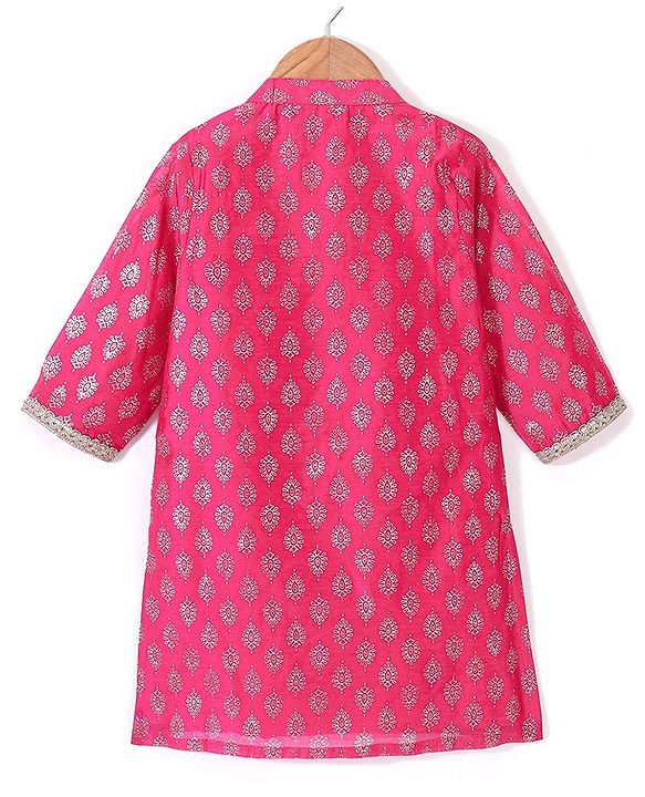 Babyhug Three Fourth Sleeves Foil Printed Kurti Pant and Dupatta Set - Fuchsia