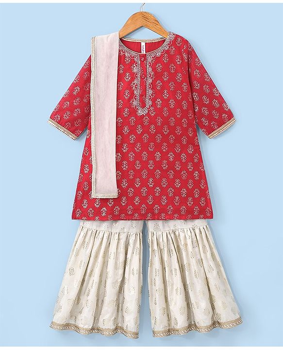 Babyhug Three Fourth Sleeves Foil Printed Kurti Sharara and Dupatta Set - Red