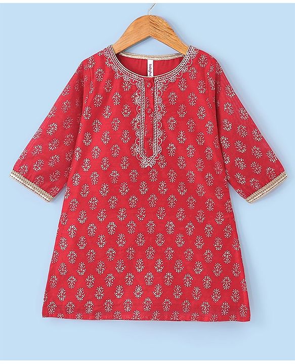 Babyhug Three Fourth Sleeves Foil Printed Kurti Sharara and Dupatta Set - Red