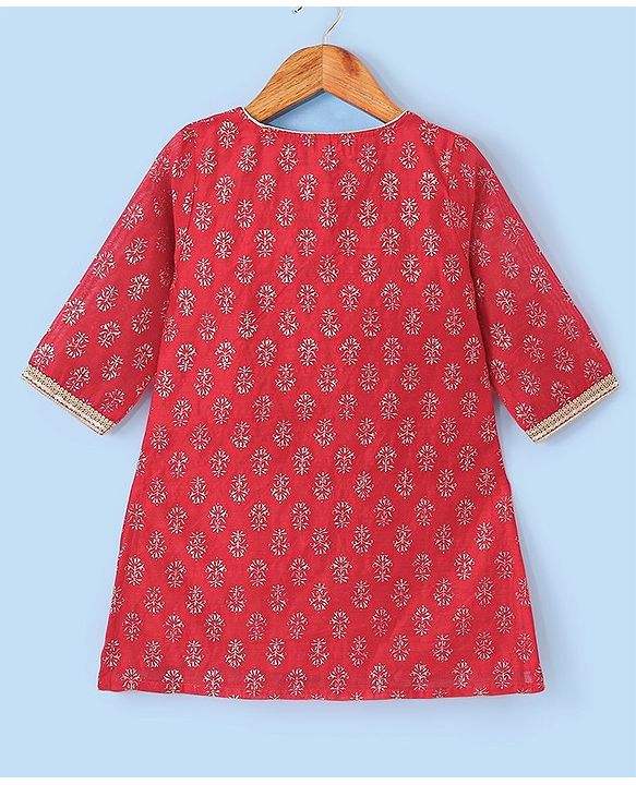 Babyhug Three Fourth Sleeves Foil Printed Kurti Sharara and Dupatta Set - Red