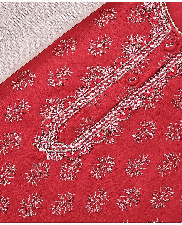 Babyhug Three Fourth Sleeves Foil Printed Kurti Sharara and Dupatta Set - Red