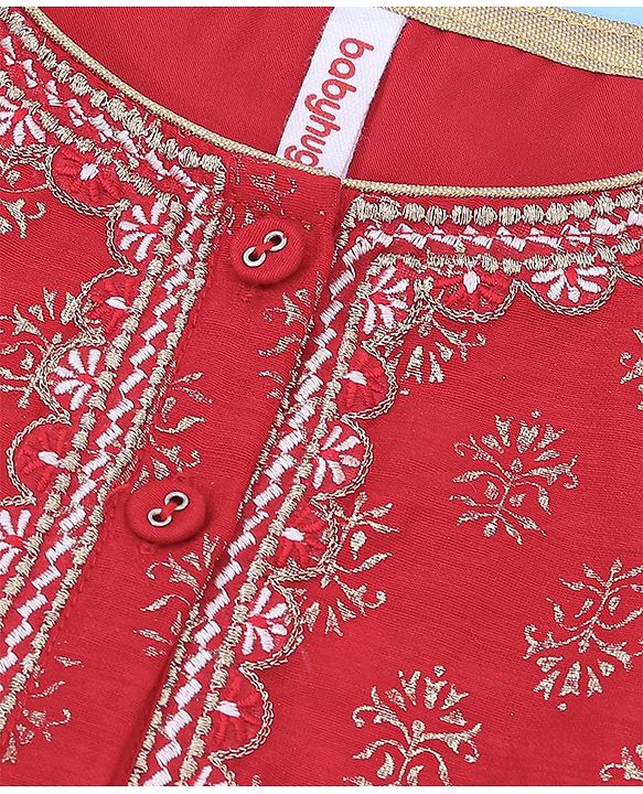Babyhug Three Fourth Sleeves Foil Printed Kurti Sharara and Dupatta Set - Red