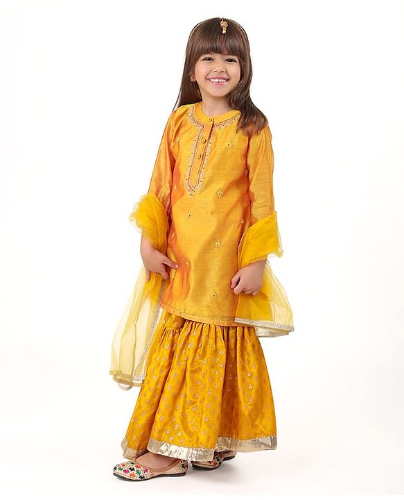 Babyhug Three Fourth Sleeves Embroidered Kurti Sharara and Dupatta Set - Mustard