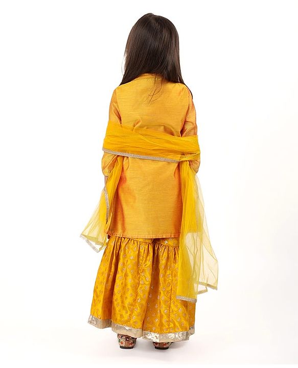 Babyhug Three Fourth Sleeves Embroidered Kurti Sharara and Dupatta Set - Mustard
