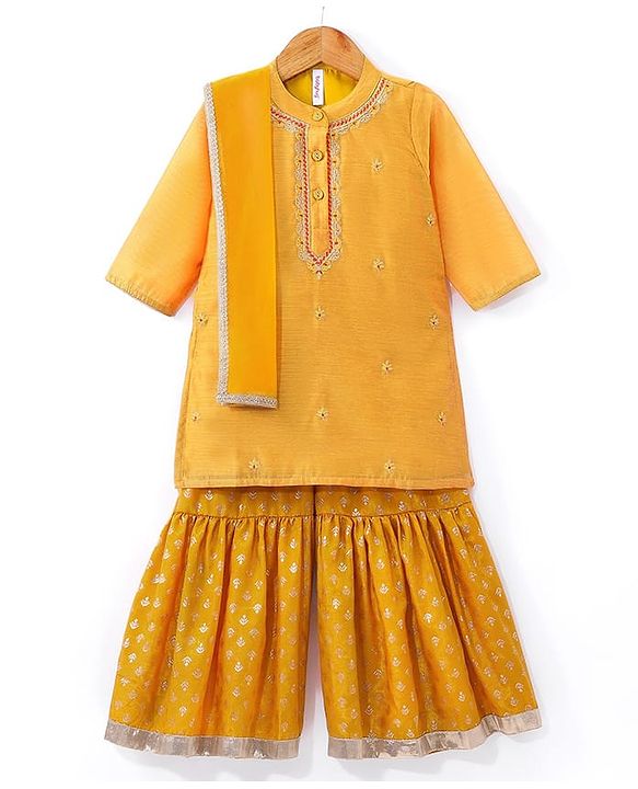 Babyhug Three Fourth Sleeves Embroidered Kurti Sharara and Dupatta Set - Mustard