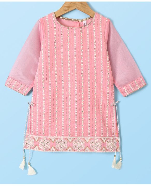 Babyhug Three Fourth Sleeves Embroidered Kurti Sharara and Dupatta Set - Pink