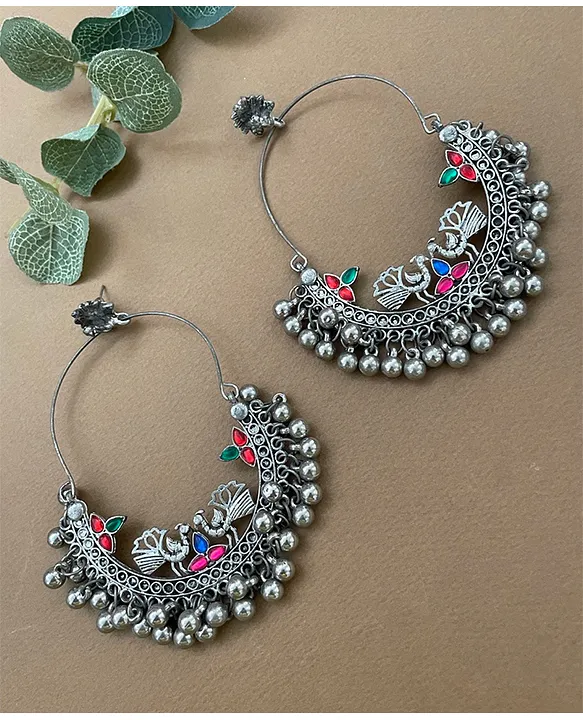 FAN C Oxidised Silver Guchhi Pearl Hoop Earrings