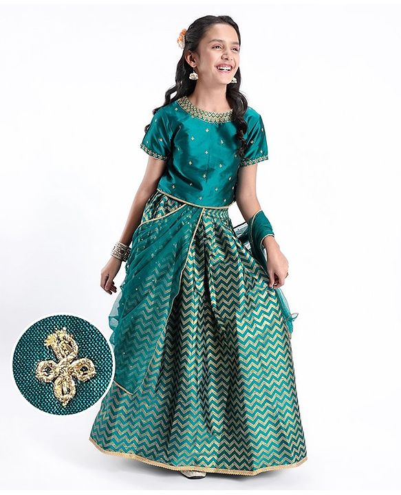 Pine Kids Woven Half Sleeves Lehenga Choli Set With Embroidered - Green