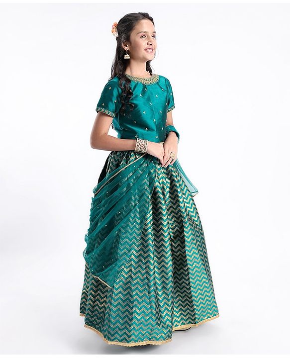 Pine Kids Woven Half Sleeves Lehenga Choli Set With Embroidered - Green