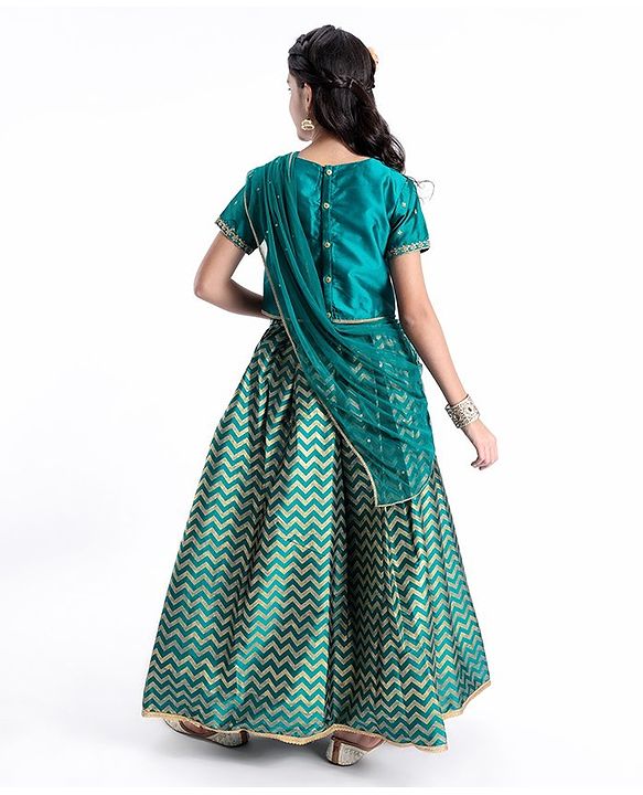 Pine Kids Woven Half Sleeves Lehenga Choli Set With Embroidered - Green