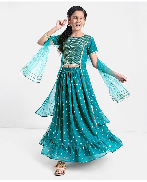 Pine Kids Woven Half Sleeves Lehenga Choli Set With Sequine Detailing & Embroidered- Teal Blue