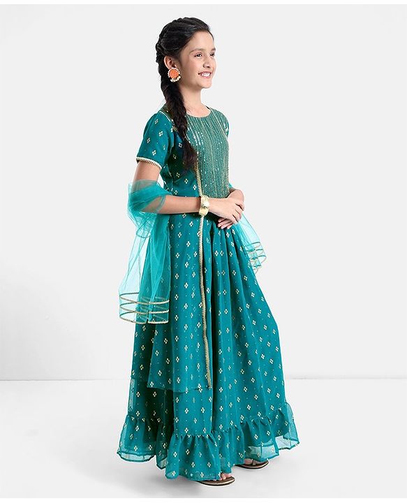 Pine Kids Woven Half Sleeves Lehenga Choli Set With Sequine Detailing & Embroidered- Teal Blue