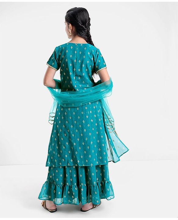 Pine Kids Woven Half Sleeves Lehenga Choli Set With Sequine Detailing & Embroidered- Teal Blue