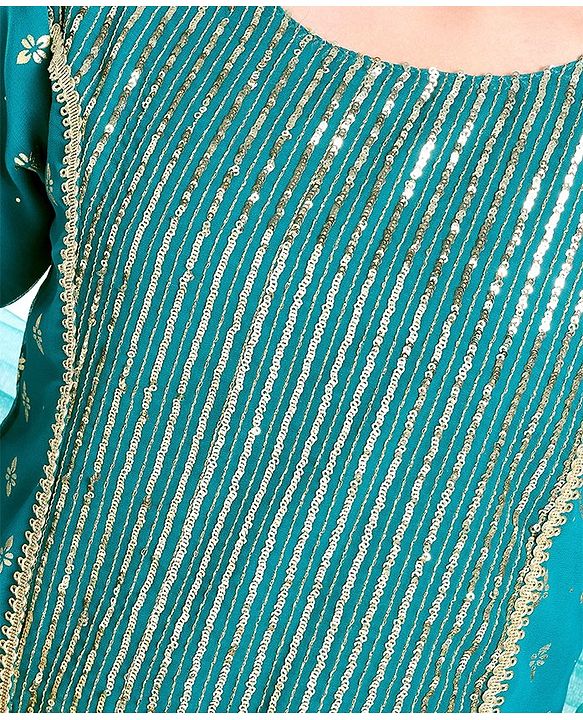 Pine Kids Woven Half Sleeves Lehenga Choli Set With Sequine Detailing & Embroidered- Teal Blue