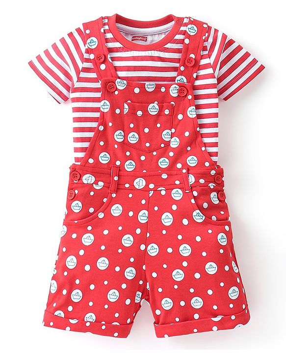 Babyhug 100% Cotton Knit Dungaree and Half Sleeves Tee Set with Stripes - Red
