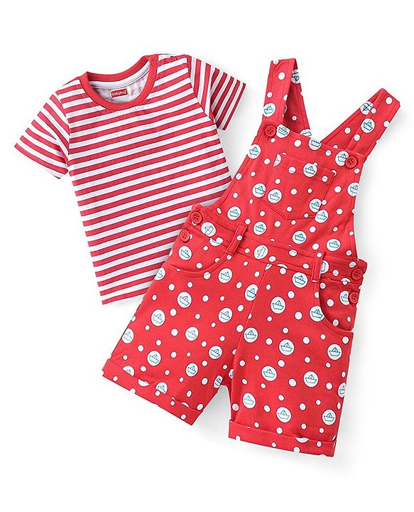 Babyhug 100% Cotton Knit Dungaree and Half Sleeves Tee Set with Stripes - Red