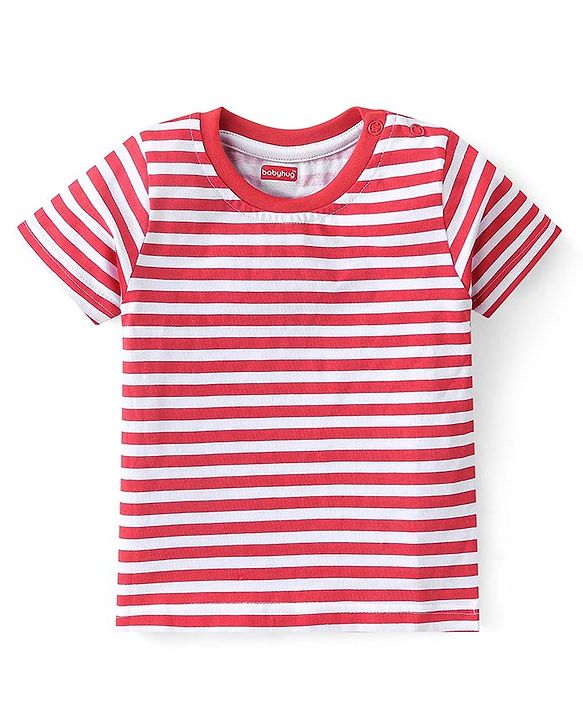 Babyhug 100% Cotton Knit Dungaree and Half Sleeves Tee Set with Stripes - Red