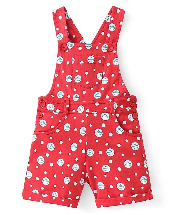 Babyhug 100% Cotton Knit Dungaree and Half Sleeves Tee Set with Stripes - Red