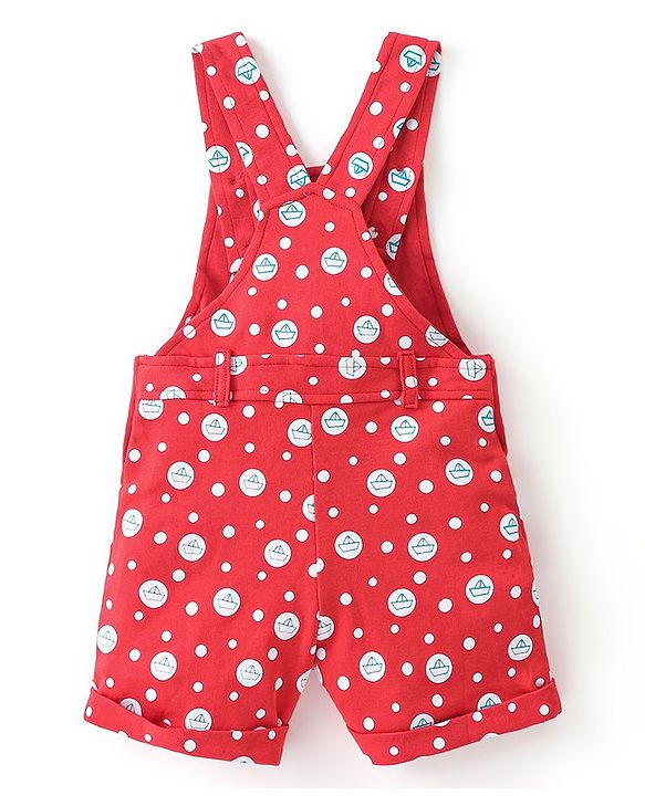 Babyhug 100% Cotton Knit Dungaree and Half Sleeves Tee Set with Stripes - Red