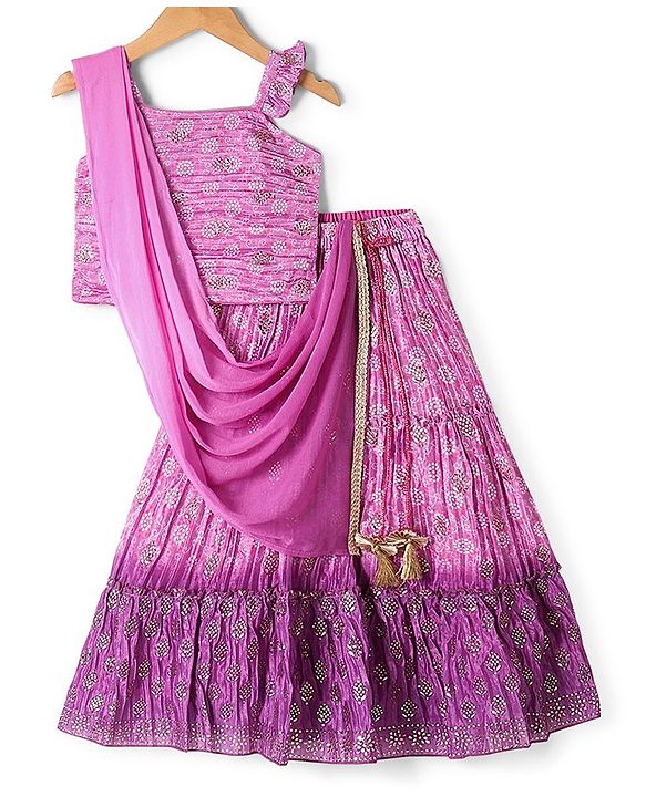 Babyhug Sleeveless Printed Choli with Embossed Foil Lehenga and Dupatta - Purple