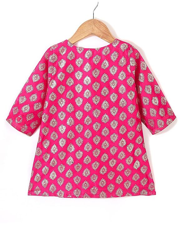 Babyhug Three Fourth Sleeves Foil Printed Kurti Sharara and Dupatta Set - Fuschia