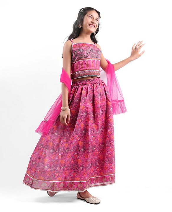 Pine Kids All Over Floral Printed Sleeveless Choli  Lehenga Set With Dupatta - Pink